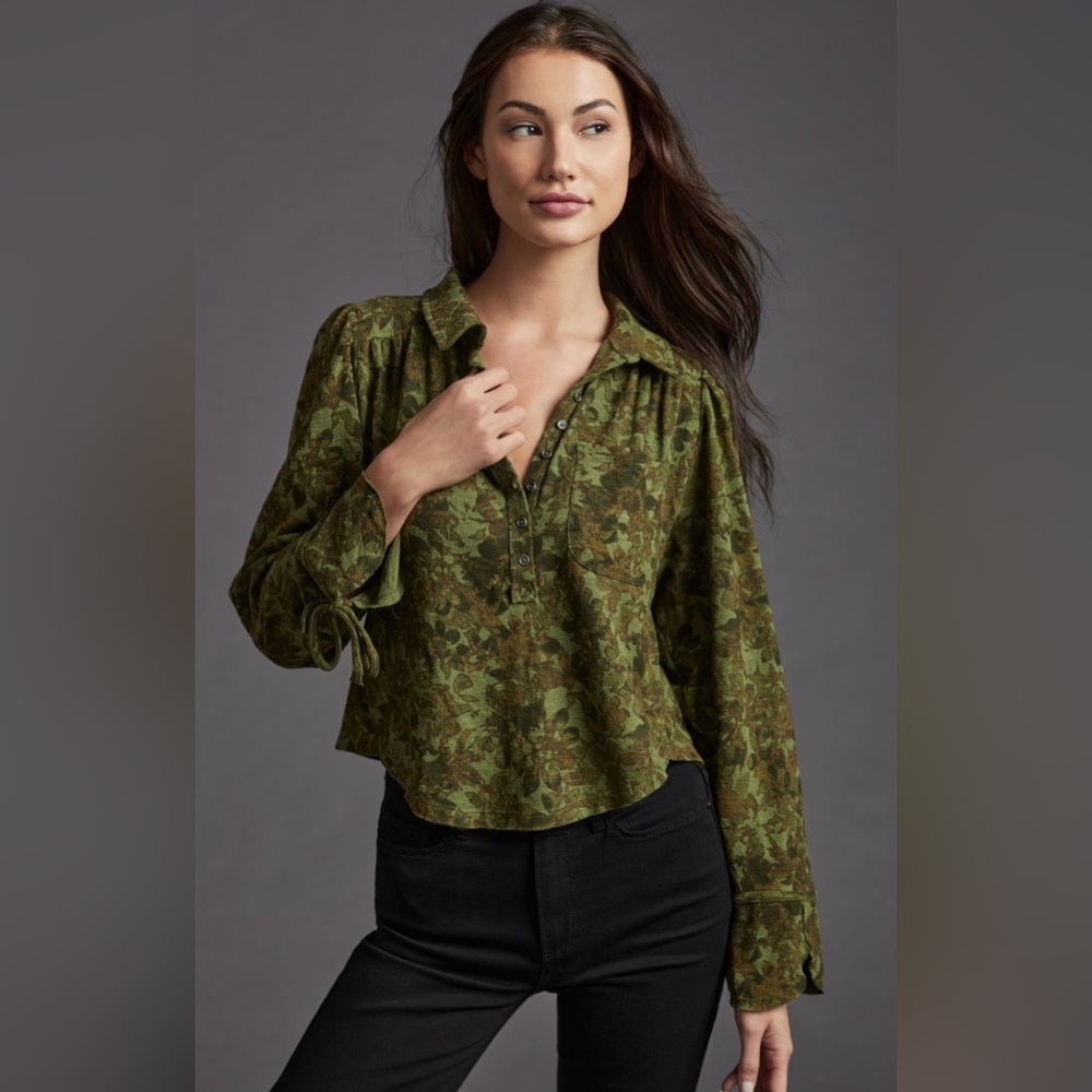 Anthropologie Pilcro Puff-Sleeve Blouse in Green Pattern